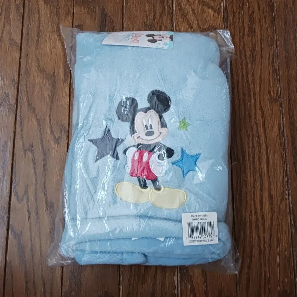 Disney Light Blue Baby Blanket Embroidered‎ Stars Mickey Mouse 30 x 40 New